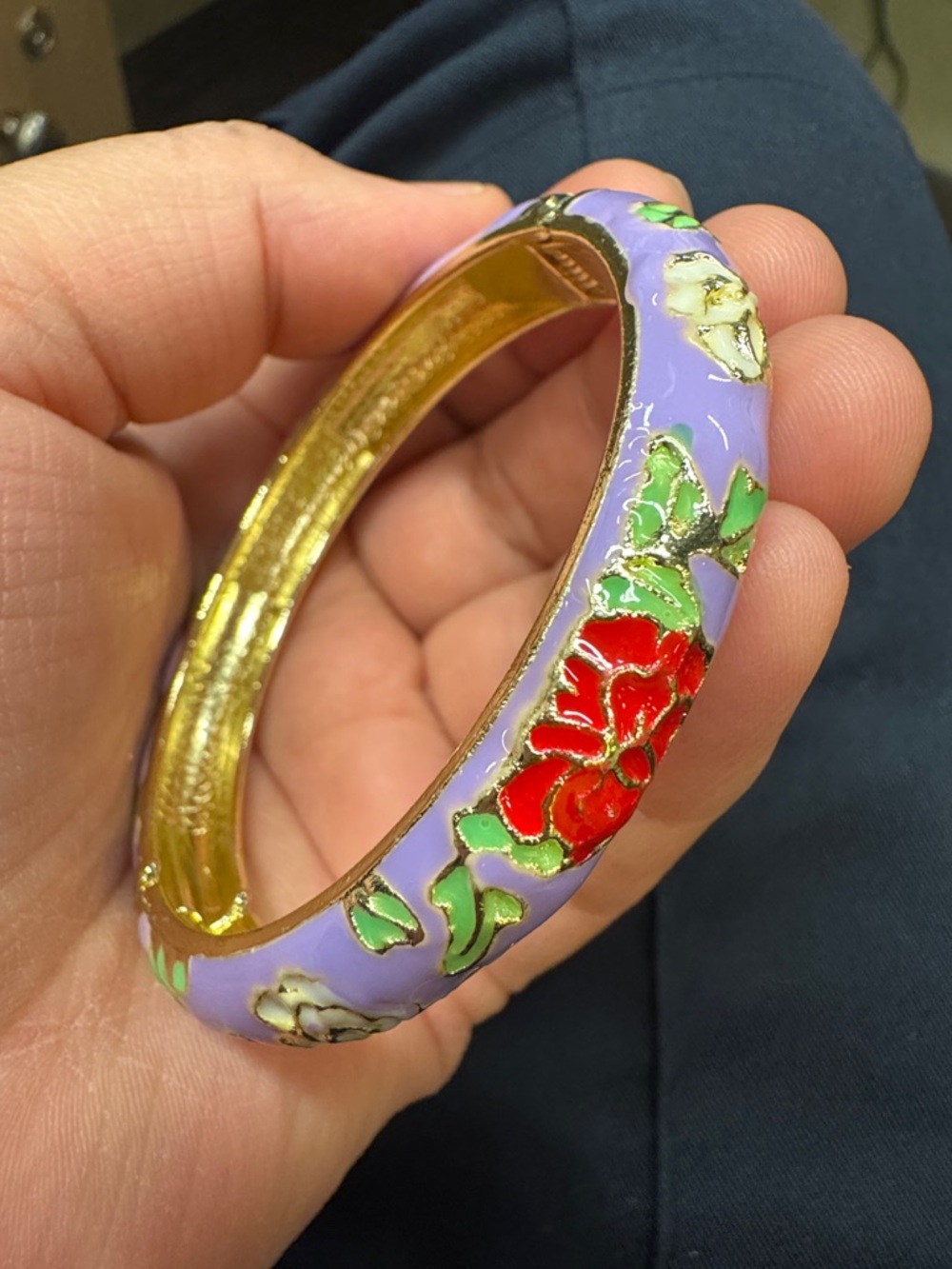 Purple Floral Enamel open Bangle Bracelet - Gold Accent